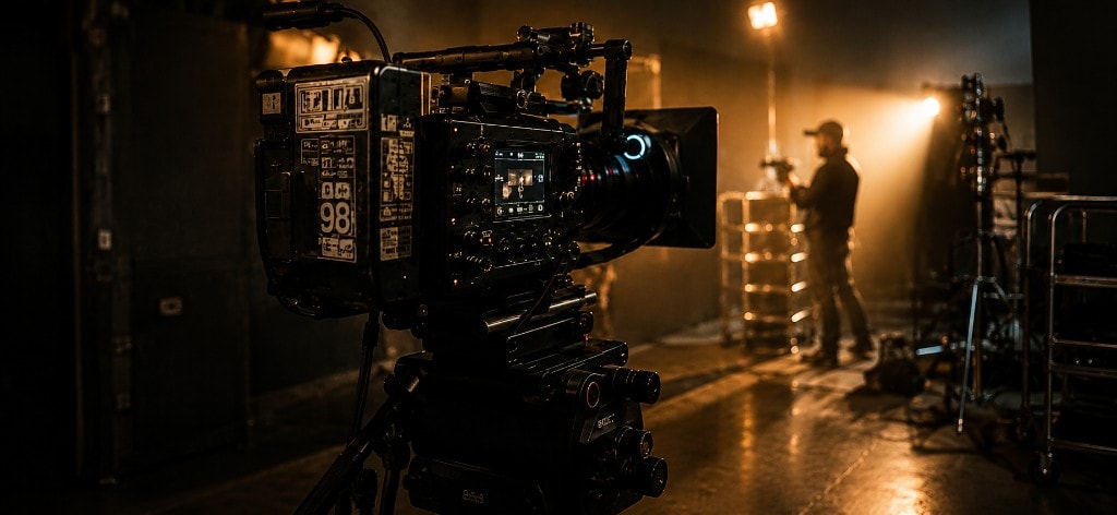 Production studio with cinema camera and warm spotlight
