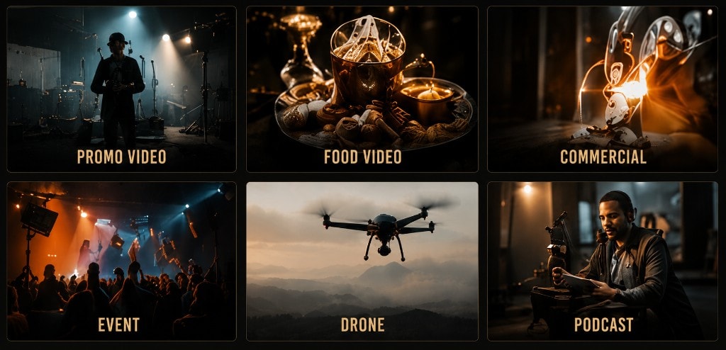 Promo Video, Food Video, Commercial, Event, Drone, Podcast